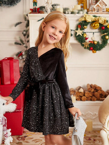 Young Girl And Young Girl Casual Velvet With Metallic Silver Patchwork Waist Long Sleeve Dress For Autumn/Winter