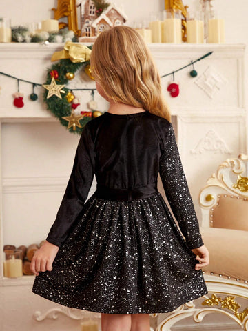 Young Girl And Young Girl Casual Velvet With Metallic Silver Patchwork Waist Long Sleeve Dress For Autumn/Winter