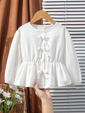Young Girl Casual White Blouse With Bow Detail And Lantern Sleeves, Suitable For Pairing With Any Pants, Skirts Or Jackets, For Daily Wear In Fall/Winter