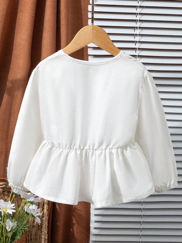 Young Girl Casual White Blouse With Bow Detail And Lantern Sleeves, Suitable For Pairing With Any Pants, Skirts Or Jackets, For Daily Wear In Fall/Winter