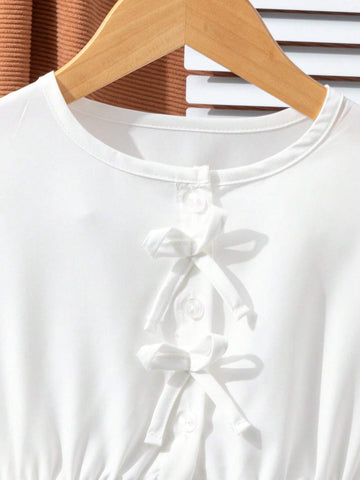 Young Girl Casual White Blouse With Bow Detail And Lantern Sleeves, Suitable For Pairing With Any Pants, Skirts Or Jackets, For Daily Wear In Fall/Winter