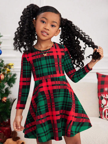 Young Girl Christmas Plaid Knit Casual Dress, Suitable For Everyday Wear And Christmas Season