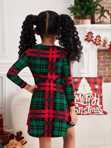 Young Girl Christmas Plaid Knit Casual Dress, Suitable For Everyday Wear And Christmas Season
