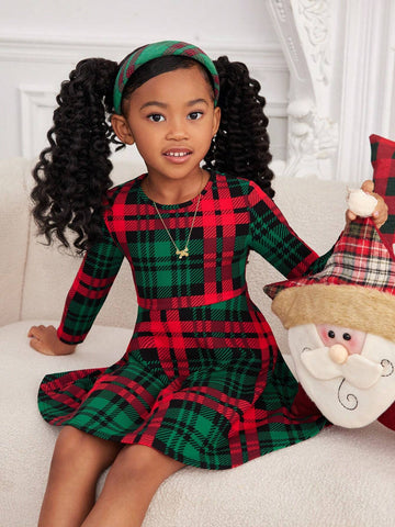 Young Girl Christmas Plaid Knit Casual Dress, Suitable For Everyday Wear And Christmas Season