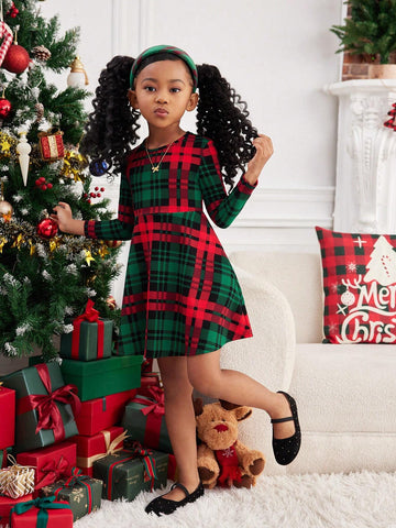 Young Girl Christmas Plaid Knit Casual Dress, Suitable For Everyday Wear And Christmas Season
