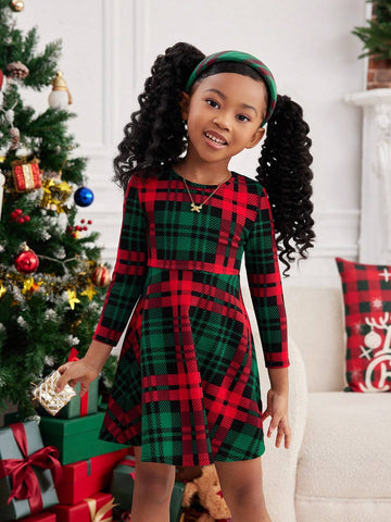 Young Girl Christmas Plaid Knit Casual Dress, Suitable For Everyday Wear And Christmas Season