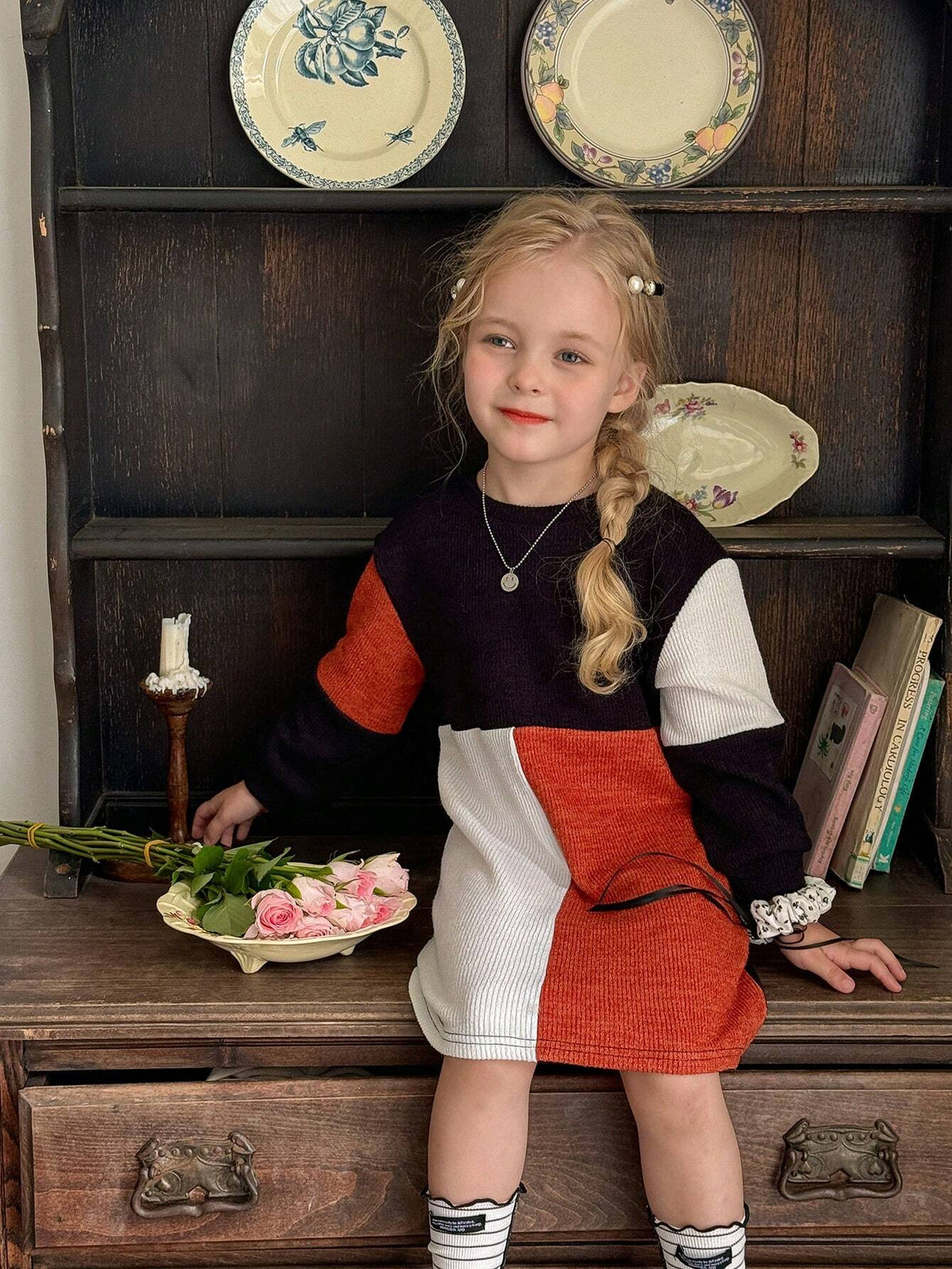 Young Girl Color Block Patchwork Casual Dress, Suitable For Daily Wear