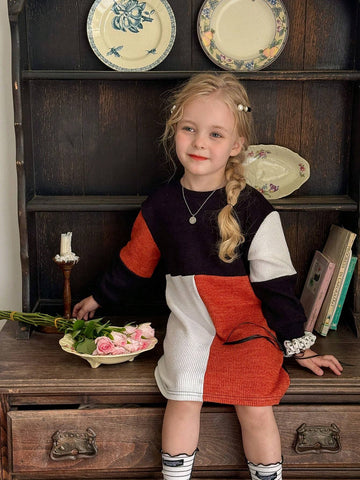 Young Girl Color Block Patchwork Casual Dress, Suitable For Daily Wear