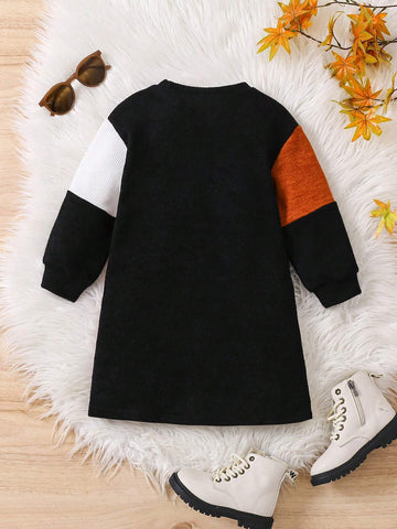 Young Girl Color Block Patchwork Casual Dress, Suitable For Daily Wear