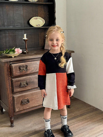 Young Girl Color Block Patchwork Casual Dress, Suitable For Daily Wear