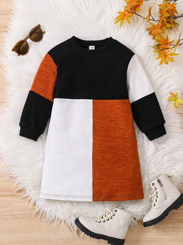 Young Girl Color Block Patchwork Casual Dress, Suitable For Daily Wear