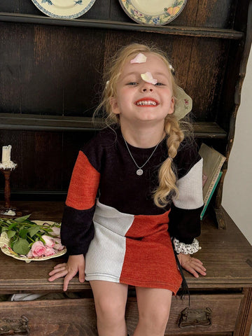 Young Girl Color Block Patchwork Casual Dress, Suitable For Daily Wear