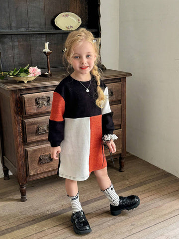 Young Girl Color Block Patchwork Casual Dress, Suitable For Daily Wear