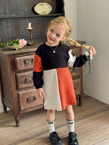 Young Girl Color Block Patchwork Casual Dress, Suitable For Daily Wear