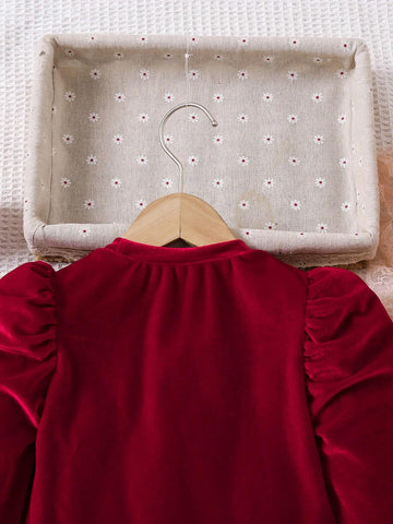 Young Girl And Young Girl Elegant Pearl Beaded Puff Sleeve Red Velvet Long Sleeve Dress, Suitable For Banquet, Parties