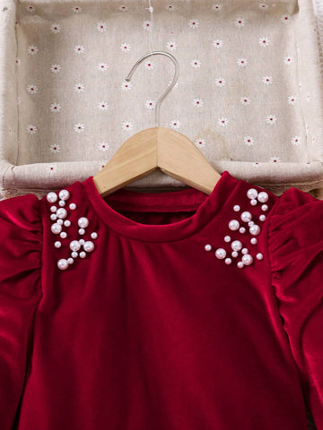 Young Girl And Young Girl Elegant Pearl Beaded Puff Sleeve Red Velvet Long Sleeve Dress, Suitable For Banquet, Parties