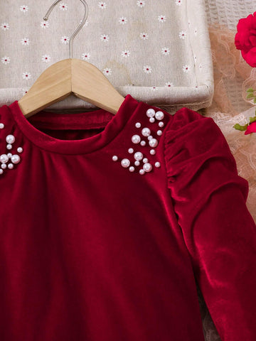 Young Girl And Young Girl Elegant Pearl Beaded Puff Sleeve Red Velvet Long Sleeve Dress, Suitable For Banquet, Parties
