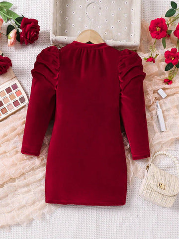 Young Girl And Young Girl Elegant Pearl Beaded Puff Sleeve Red Velvet Long Sleeve Dress, Suitable For Banquet, Parties