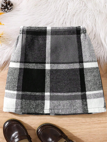 Young Girl Elegant Plaid Wool Blend A-Line Skirt, Suitable For Casual Wear And Formal Occasions