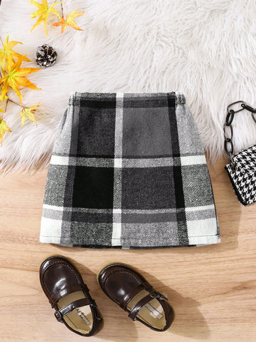 Young Girl Elegant Plaid Wool Blend A-Line Skirt, Suitable For Casual Wear And Formal Occasions
