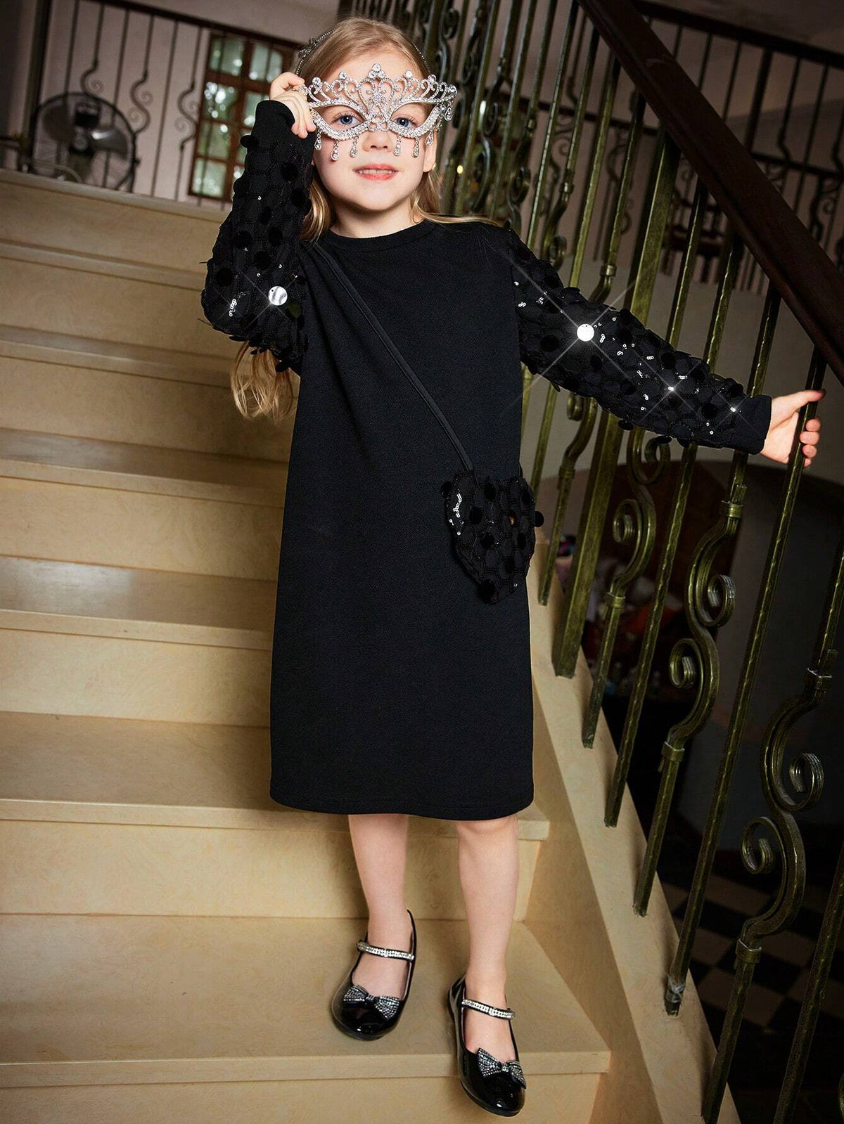 Young Girl Elegant Sleeve Patchwork Beaded Fabric Skater Dress + Beaded Heart Shaped Bag, Suitable For Parties And Everyday Wear, Autumn/Winter