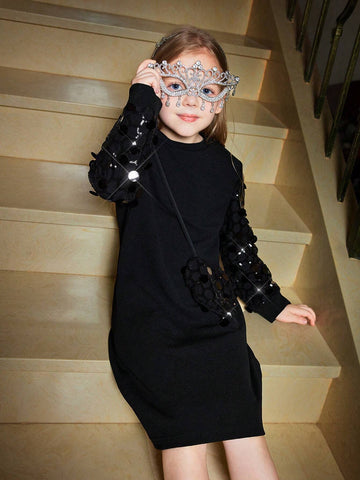 Young Girl Elegant Sleeve Patchwork Beaded Fabric Skater Dress + Beaded Heart Shaped Bag, Suitable For Parties And Everyday Wear, Autumn/Winter