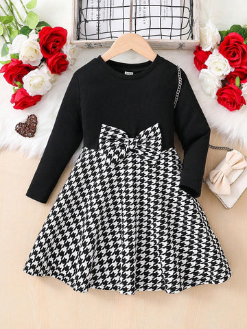 Young Girl Knit Patchwork Houndstooth Print Casual Dress