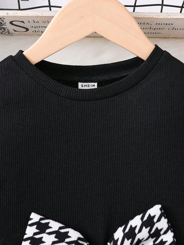 Young Girl Knit Patchwork Houndstooth Print Casual Dress