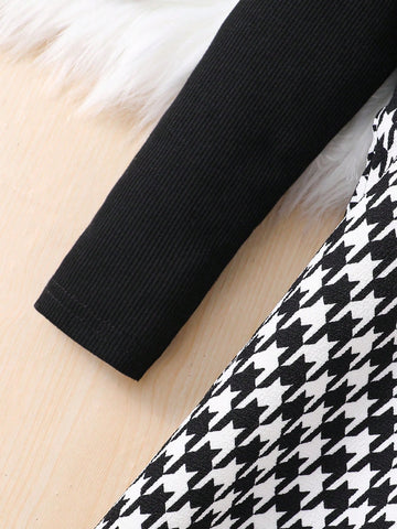 Young Girl Knit Patchwork Houndstooth Print Casual Dress