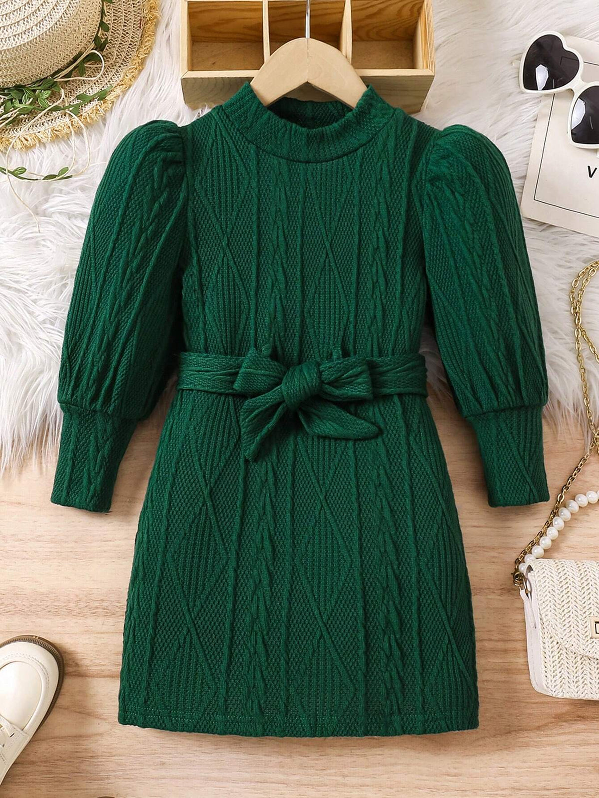 Young Girl And Young Girl Knit Turtleneck Textured Dress, Suitable For Casual Daily Wear, Autumn/Winter