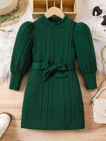 Young Girl And Young Girl Knit Turtleneck Textured Dress, Suitable For Casual Daily Wear, Autumn/Winter