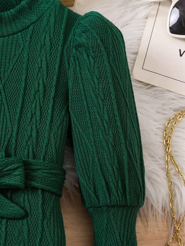 Young Girl And Young Girl Knit Turtleneck Textured Dress, Suitable For Casual Daily Wear, Autumn/Winter