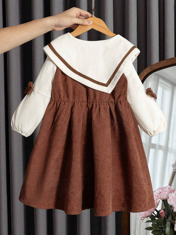 Young Girl Long Sleeve Bow-Tie Waist Casual A-Line Dress For Fall & Winter, Suitable For Everyday Wear, Casual Occasions, And Can Be Paired With Various Coats, Jackets
