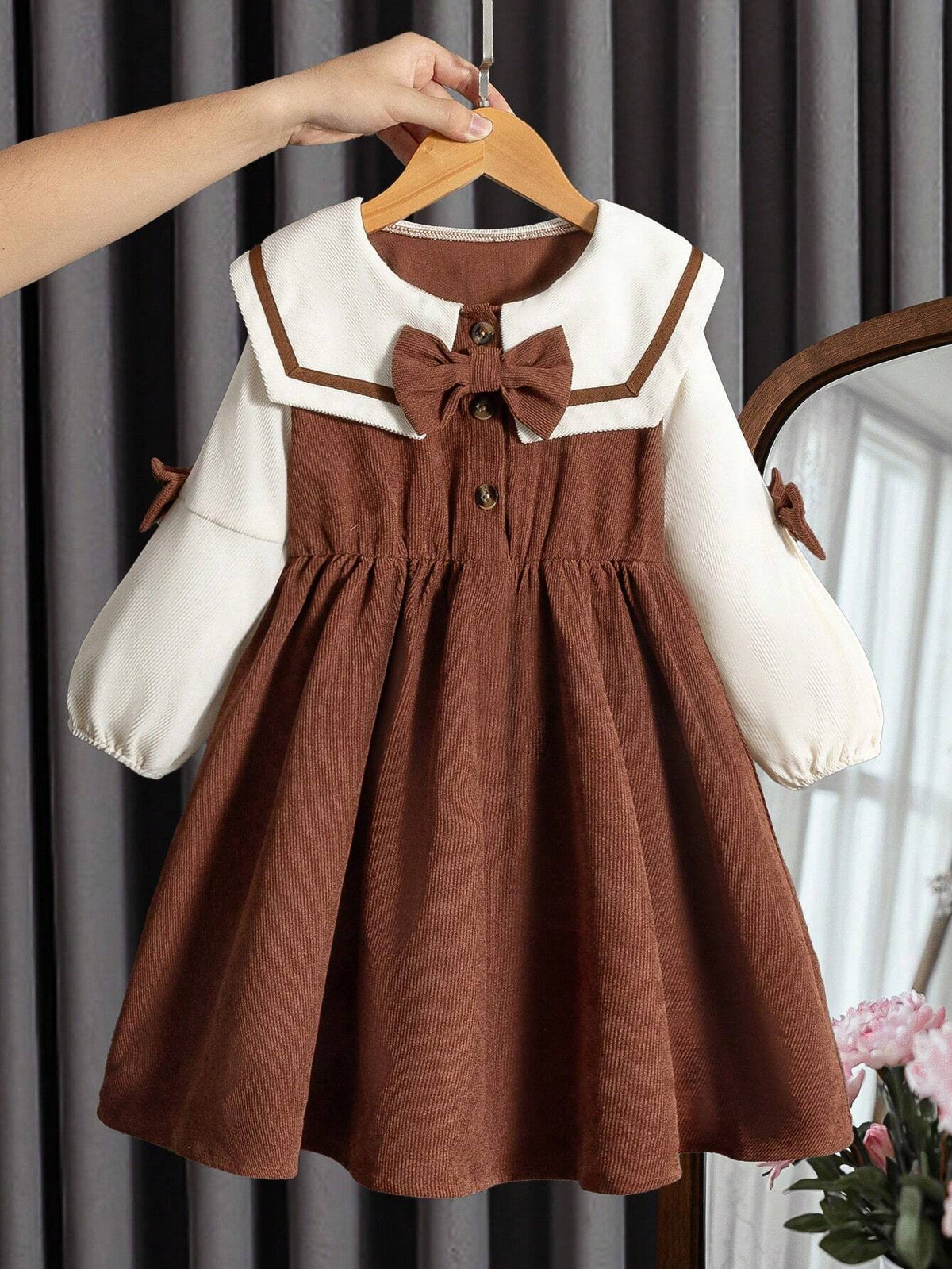 Young Girl Long Sleeve Bow-Tie Waist Casual A-Line Dress For Fall & Winter, Suitable For Everyday Wear, Casual Occasions, And Can Be Paired With Various Coats, Jackets