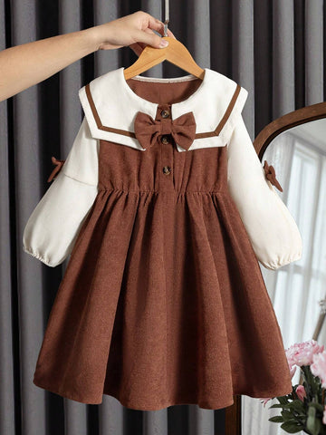 Young Girl Long Sleeve Bow-Tie Waist Casual A-Line Dress For Fall & Winter, Suitable For Everyday Wear, Casual Occasions, And Can Be Paired With Various Coats, Jackets