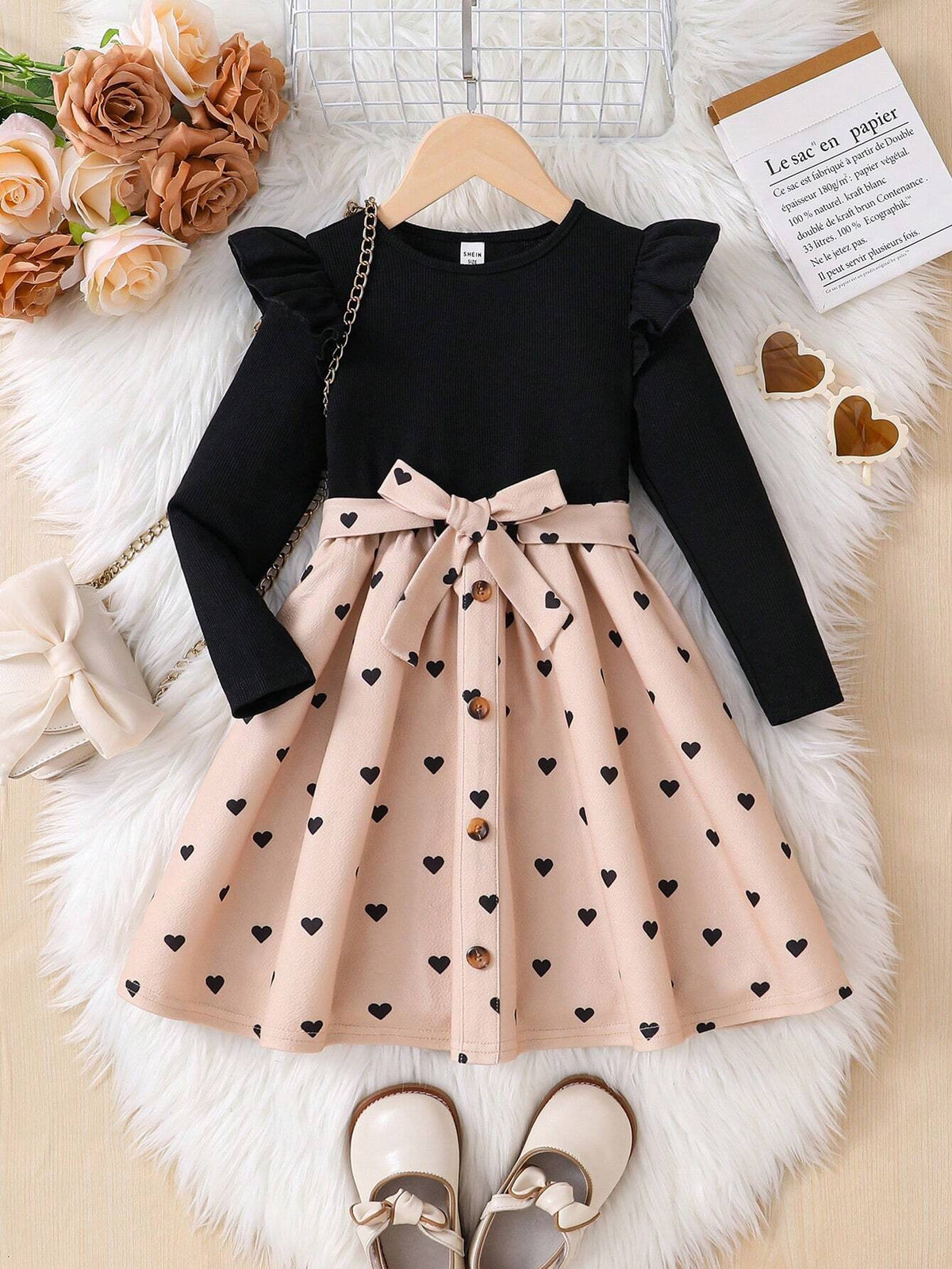 Young Girl Ruffled Sleeve Knitted Patchwork Heart Printed Dress, Casual Autumn Winter Clothing