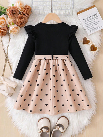 Young Girl Ruffled Sleeve Knitted Patchwork Heart Printed Dress, Casual Autumn Winter Clothing
