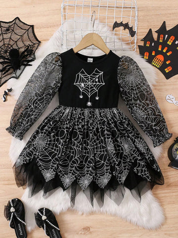 Young Girl Spider Web Print Mesh Dress, Girls Autumn Halloween Costume