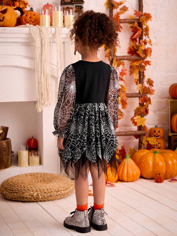 Young Girl Spider Web Print Mesh Dress, Girls Autumn Halloween Costume