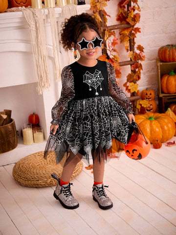 Young Girl Spider Web Print Mesh Dress, Girls Autumn Halloween Costume