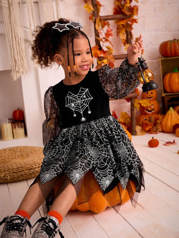 Young Girl Spider Web Print Mesh Dress, Girls Autumn Halloween Costume
