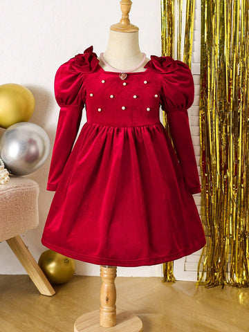 Young Girl And Young Girl Velvet Beaded Bow Tie Neck Puff Sleeve Shirred Waist Wine Red Dress