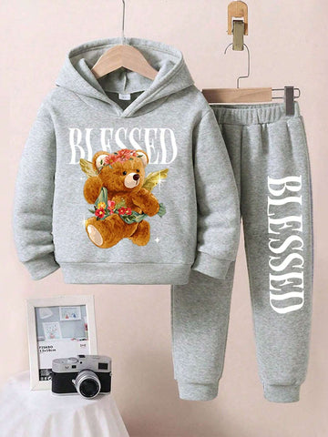 Young Girl Angel Bear Hooded Fleece Sweatshirt Set