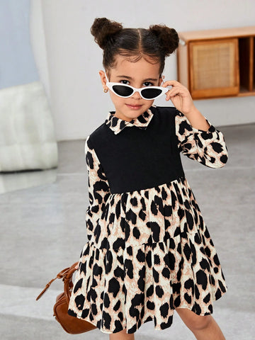 Young Girl Animal Print Patchwork Knit Solid Color 2 In 1 Dress