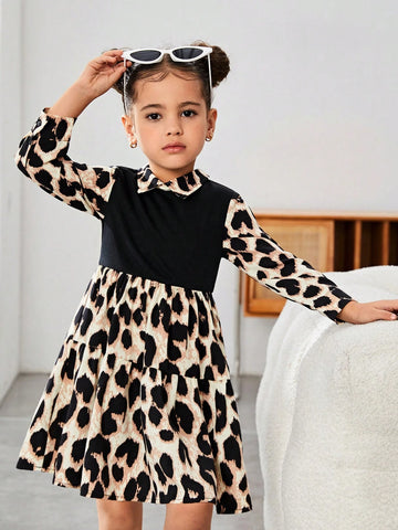 Young Girl Animal Print Patchwork Knit Solid Color 2 In 1 Dress