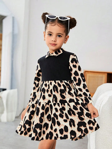 Young Girl Animal Print Patchwork Knit Solid Color 2 In 1 Dress