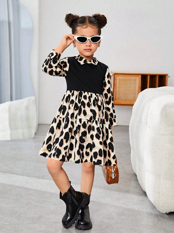 Young Girl Animal Print Patchwork Knit Solid Color 2 In 1 Dress