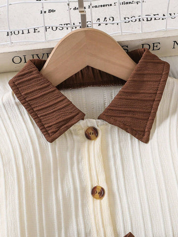 Young Girl Apricot Color Casual Long Length Contrast Color Long Sleeve Single-Breasted Shirt