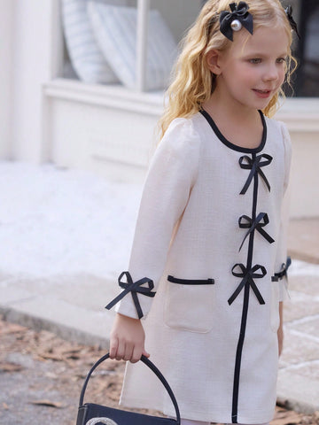 Young Girl Apricot Long Sleeve Cute Bow Comfortable And Fashionable Casual Style Double Pocket Dress, Suitable For Spring And Autumn
