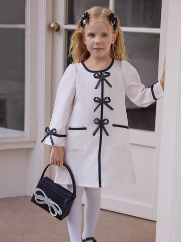 Young Girl Apricot Long Sleeve Cute Bow Comfortable And Fashionable Casual Style Double Pocket Dress, Suitable For Spring And Autumn
